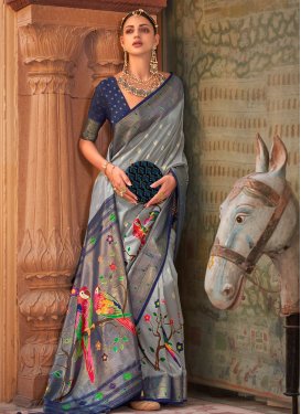 Grey and Navy Blue Woven Work Paithani Silk Trendy Classic Saree