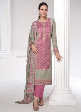 Grey and Pink Print Work Designer Straight Salwar Suit