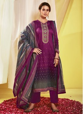 Grey and Purple Cotton Satin Pant Style Straight Salwar Suit
