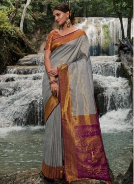Grey and Purple Kanjivaram Silk Designer Contemporary Style Saree