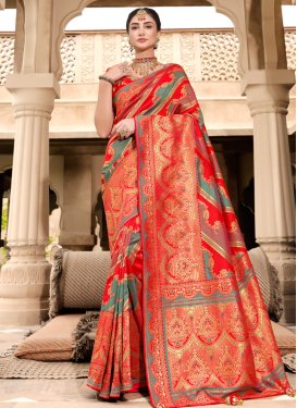 Grey and Red Embroidered Work Contemporary Style Saree