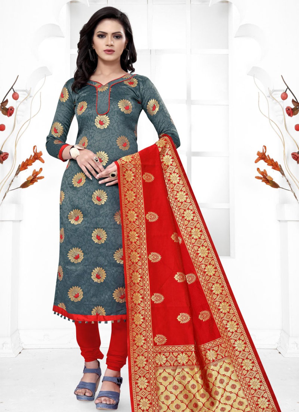 Grey and Red Trendy Straight Salwar Kameez For Casual
