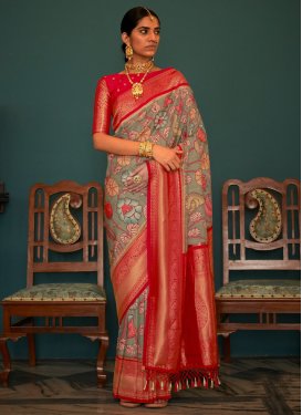 Grey and Red Tussar Silk Trendy Classic Saree
