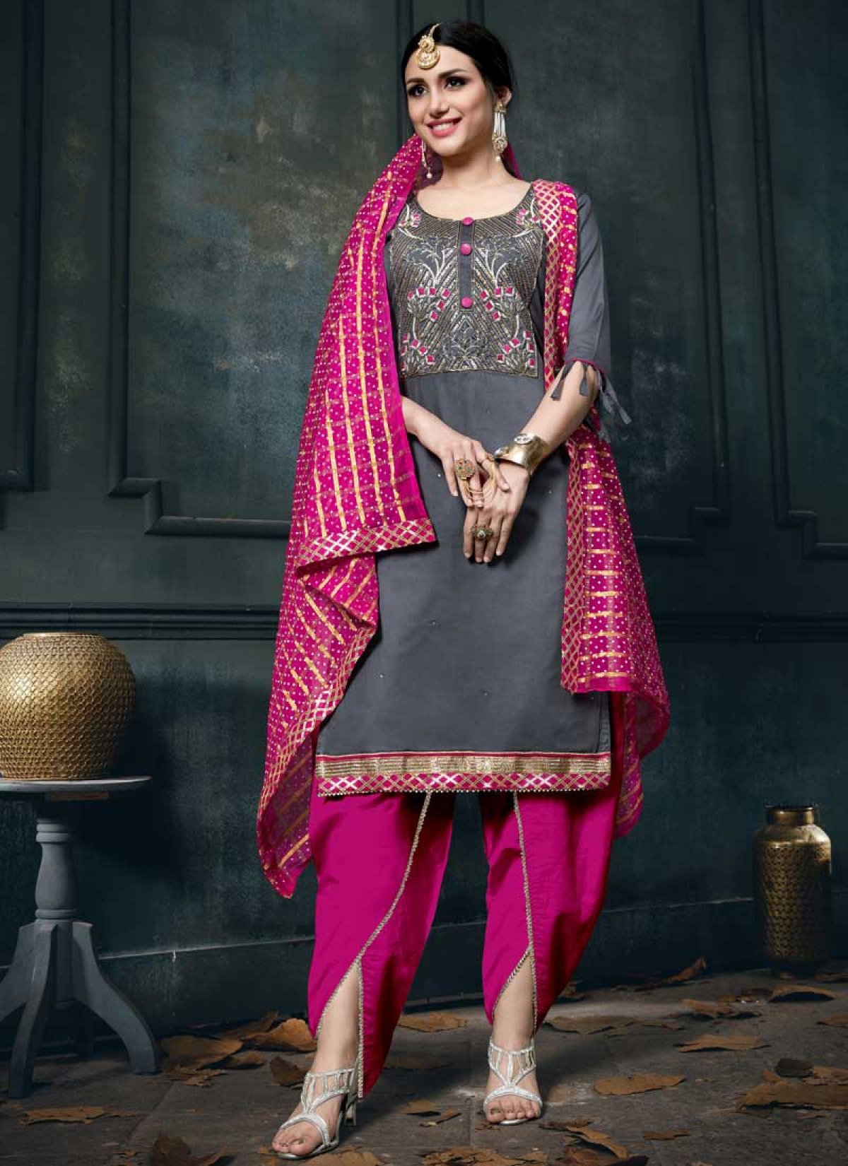 Buy Grey and Rose Pink Punjabi Salwar Suit For Ceremonial Online