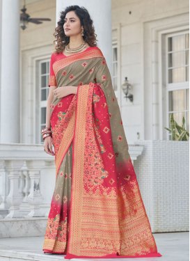 Grey and Rose Pink Traditional Designer Saree For Festival