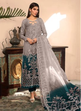 Grey and Teal Embroidered Work Long Length Trendy Pakistani Suit