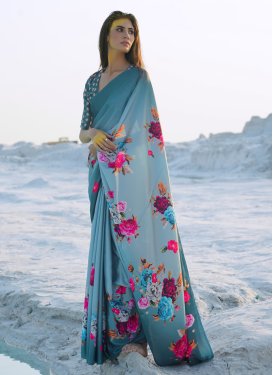 Grey and Teal Satin Silk Designer Traditional Saree