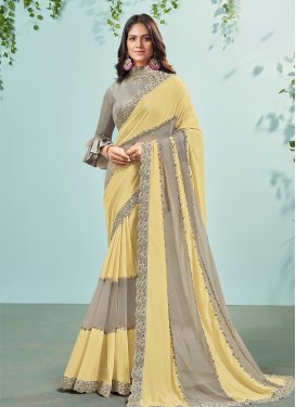 Grey and Yellow Embroidered Work Traditional Designer Saree