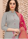 Grey Cotton Embroidered Churidar Suit - 1