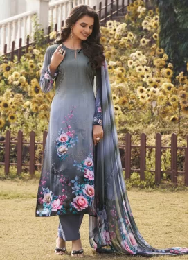 Grey Crepe Silk Digital Print Work Straight Suit for Women