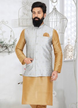 Grey Dupion Silk Nehru Jacket with Woven Work for Ceremonial