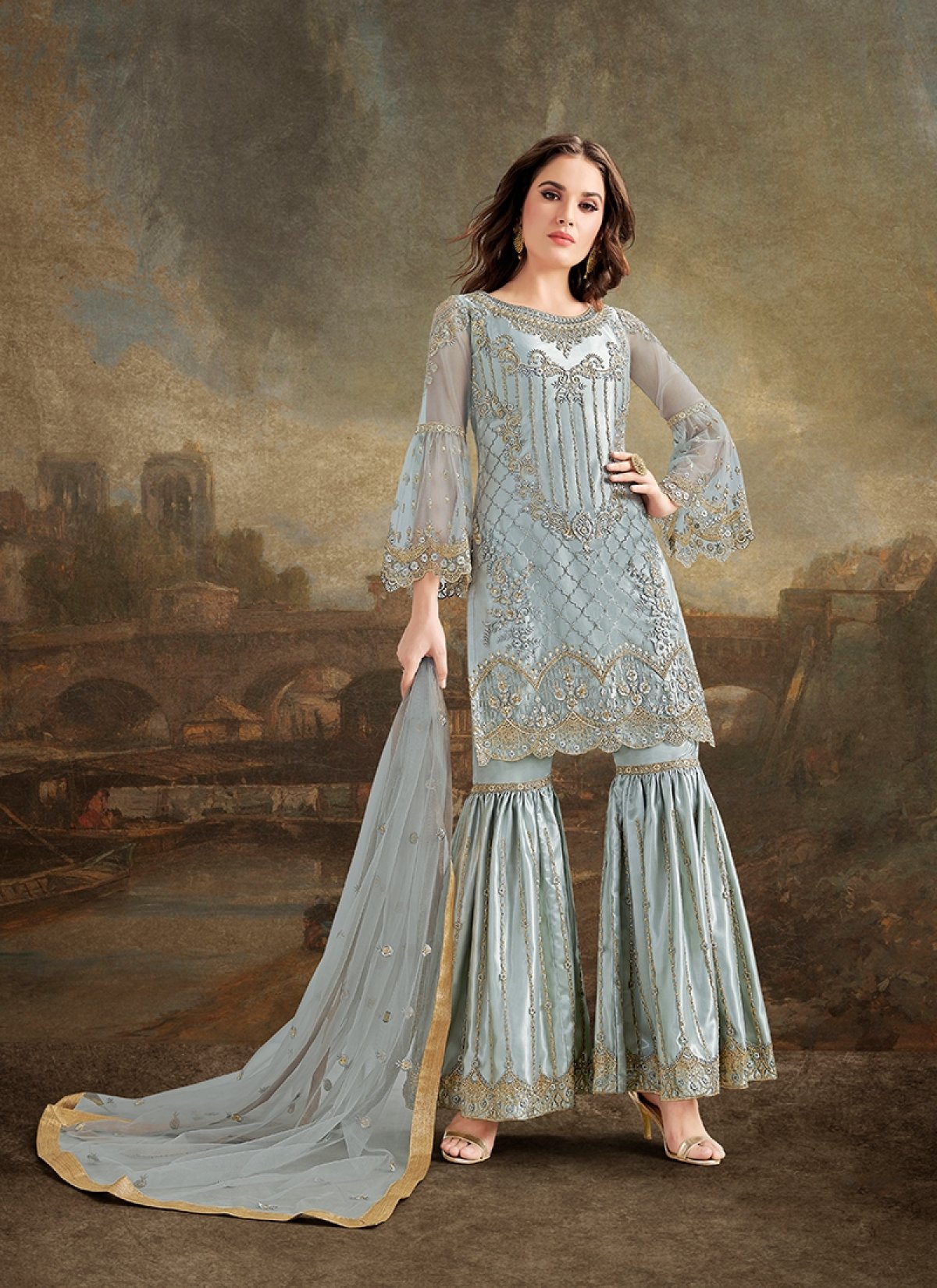 slim fit dress slacks Light Grey Embroidered Sharara Suit