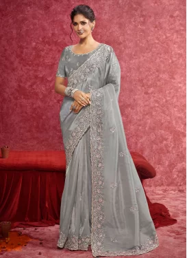 Grey Tissue Embroidered Work Traditional Saree for Women