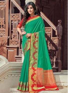 Handloom Cotton Red and Sea Green Designer Contemporary Style Saree