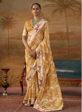 Handloom Silk Classic Saree in Mustard with Embroidered Work for Festival