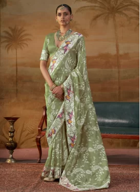 Handloom Silk Classic Saree with Embroidered Work in Mint Green for Festival