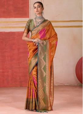 Handloom Silk Classic Saree with Woven Work in Olive and Orange
