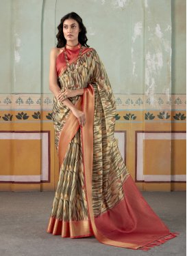 Handloom Silk Cream and Red Digital Print Work Trendy Classic Saree