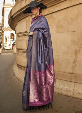 Handloom Silk Grey and Purple Woven Work Designer Contemporary Saree