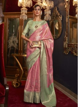 Handloom Silk Mint Green and Pink Contemporary Style Saree