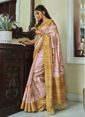 Handloom Silk Mustard and Pink Digital Print Work Trendy Classic Saree