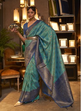 Handloom Silk Navy Blue and Sea Green Designer Contemporary Style Saree