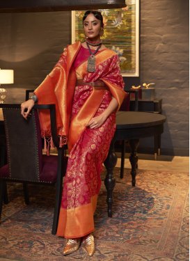 Handloom Silk Orange and Red Woven Work Designer Contemporary Style Saree