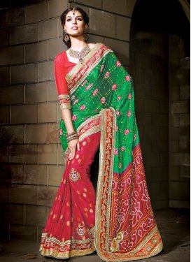 Haute Green And Red Color Half N Half Saree