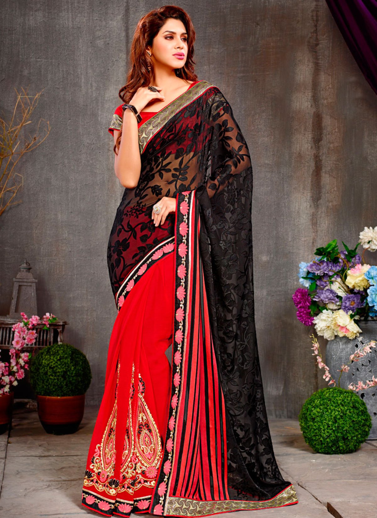 Heavenly Red And Black Color Party Wear Saree