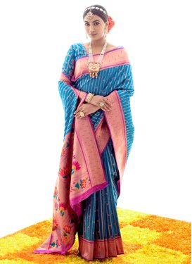 Hot Pink and Light Blue Woven Work Designer Contemporary Style Saree