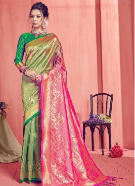 Hot Pink and Mint Green Woven Work Designer Contemporary Style Saree