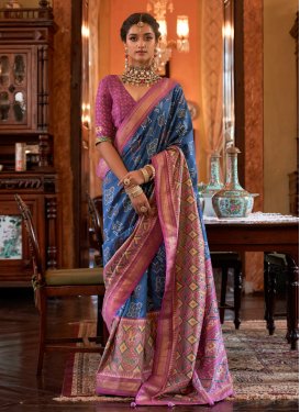 Hot Pink and Navy Blue Print Work Designer Contemporary Style Saree