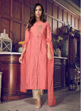 Hot Pink and Off White Art Silk Pant Style Pakistani Salwar Suit For Ceremonial