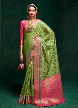 Hot Pink and Olive Woven Work Cotton Silk Designer Contemporary Style Saree