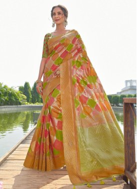 Hot Pink and Olive Woven Work Trendy Classic Saree