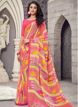 Hot Pink and Salmon Faux Georgette Designer Contemporary Style Saree