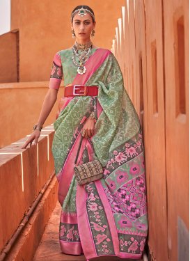 Hot Pink and Sea Green Print Work Designer Contemporary Style Saree
