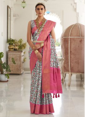 Hot Pink and Turquoise Digital Print Work Designer Contemporary Style Saree