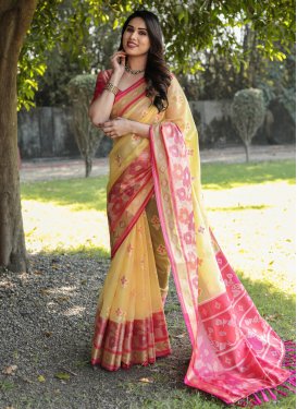 Hot Pink and Yellow Designer Contemporary Saree For Ceremonial