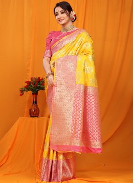 Hot Pink and Yellow Designer Contemporary Style Saree For Festival