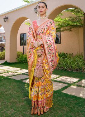 Hot Pink and Yellow Woven Work  Designer Contemporary Style Saree