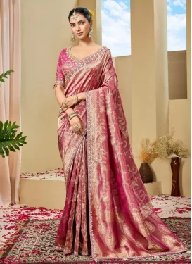 Hot Pink Tissue Cutdana Work Classic Saree for Women