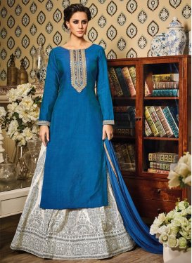 Impeccable Embroidered Work Blue and Off White Silk Kameez Style Lehenga Choli