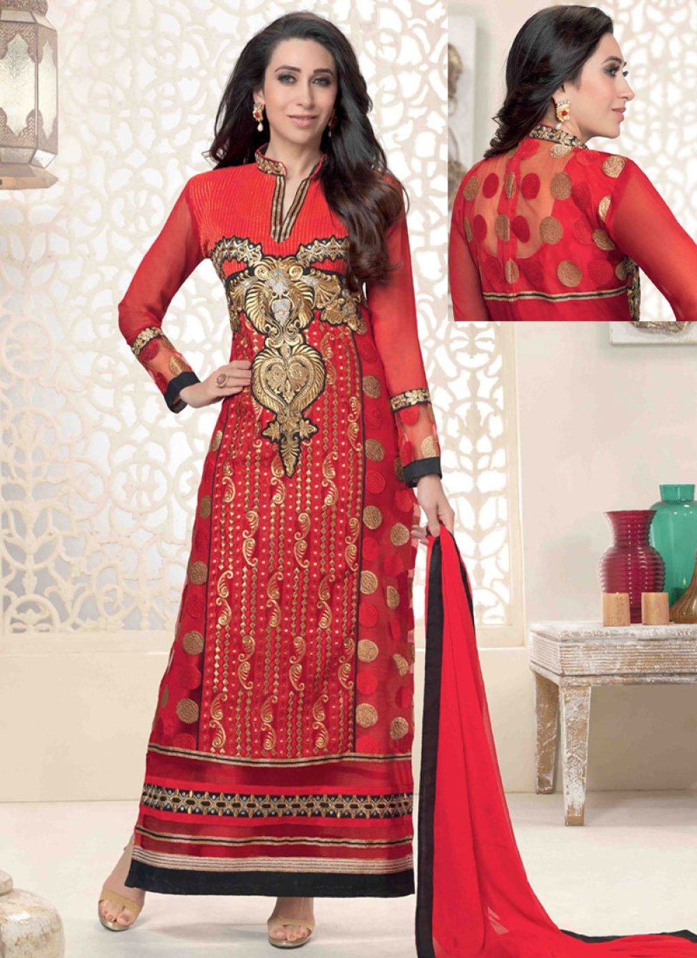 Imperial Red Color Lace Work Karisma Kapoor Pakistani Suit