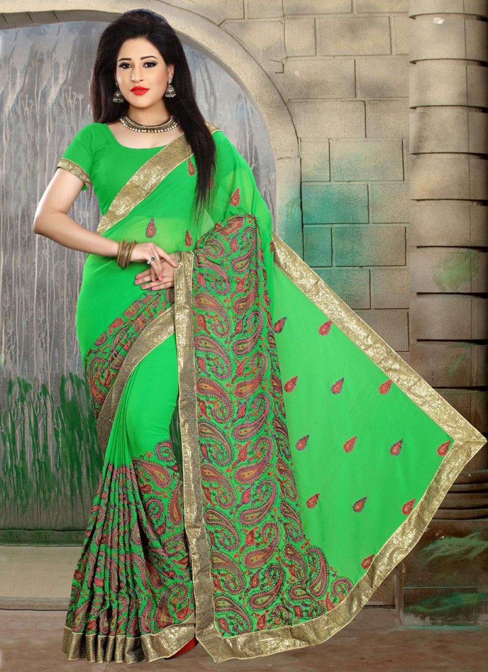 Multi Pista Green Color Georgette With Beautiful Embroidery Work in Multi  Viscos Thread Indian Wedding Saree Ready to Wear Saree With Blouse - Etsy