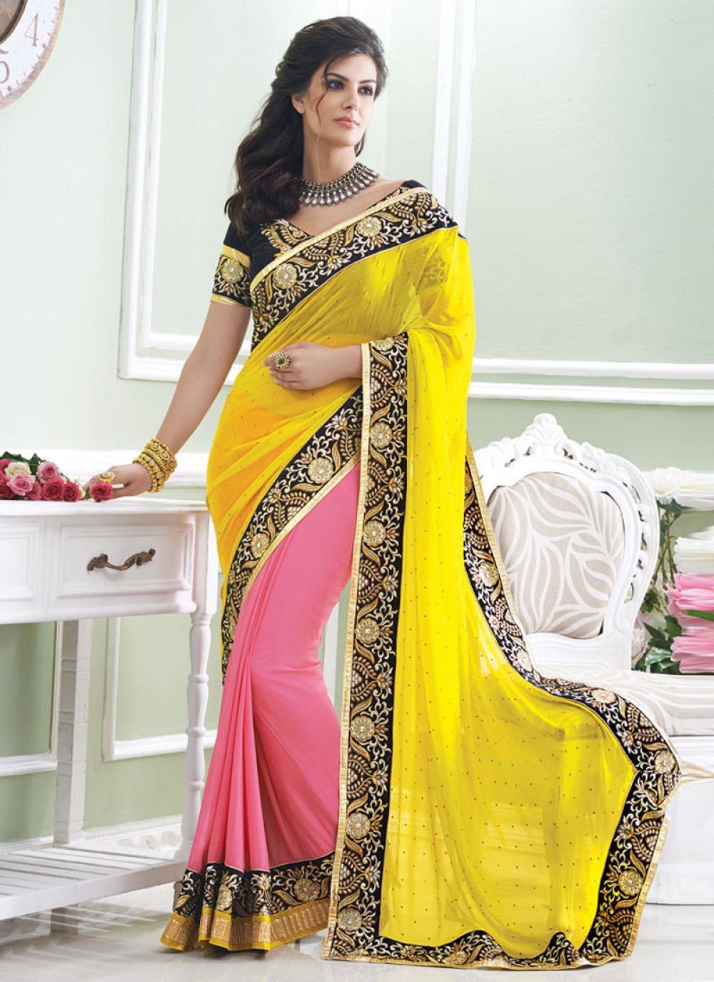 Buy Yellow Georgette Party Wear Saree With Raw Silk Blouse Online -  SARV08511 | Andaaz Fashion