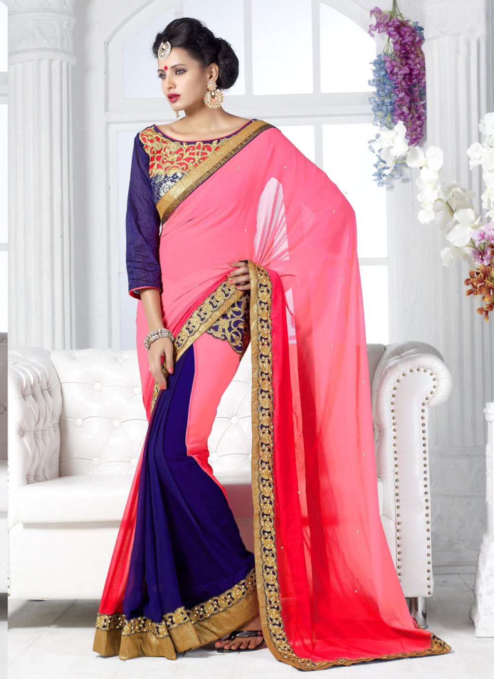 Blue And Pink Georgette Half And Half Saree -