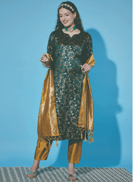 Jacquard Mustard and Teal Woven Work Readymade Designer Salwar Suit