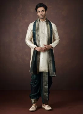 Jacquard Silk Dhoti Kurta in Bottle Green and Off White with Woven Work for Men