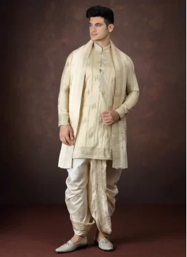 Jacquard Silk Dhoti Kurta with Woven Work in Cream for Party